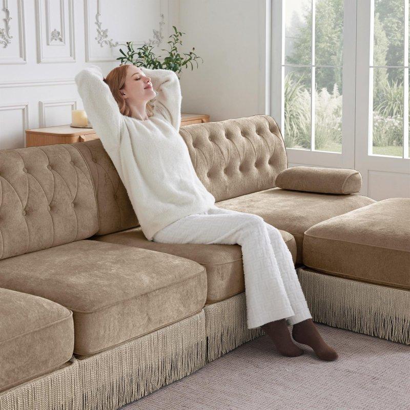 Kahverengi Kadife Püsküllü Modüler Chesterfield L Bohem Koltuk - 195x87x154 cm - 286695