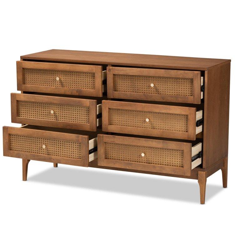 Kahverengi Kauçuk Ağacı Rattan Detaylı 6 Çekmeceli Şifonyer - 120x40x78 cm - 299282