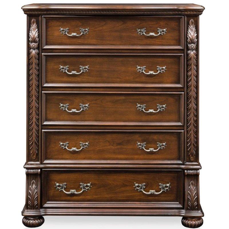 Kahverengi Kiraz Masif Ahşap 5 Çekmeceli Oymalı Şifonyer - 102 cm - 296944