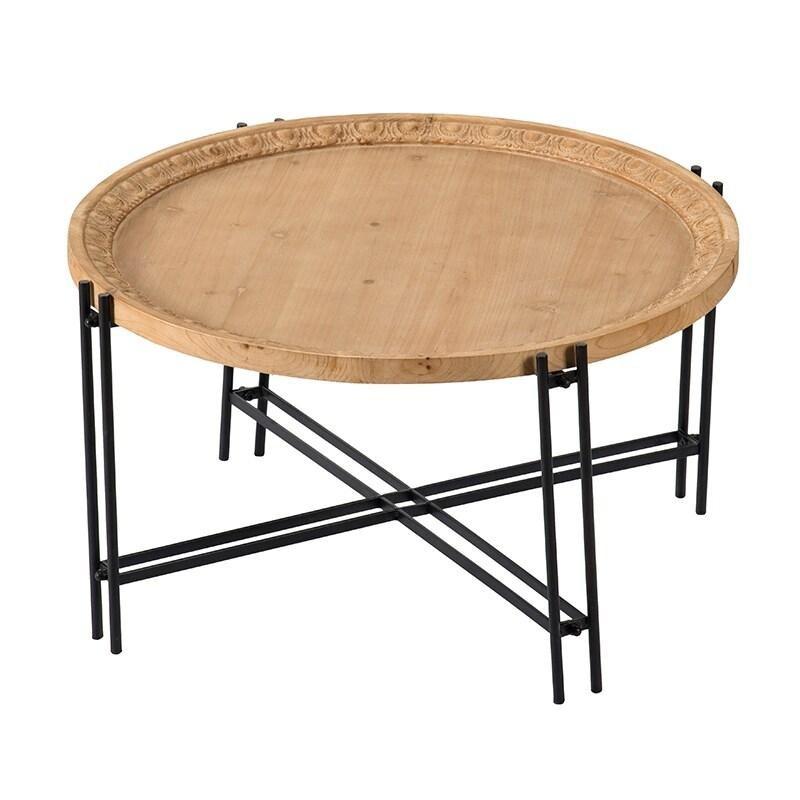 Kahverengi Köknar Ağacı Tablalı Demir Ayaklı Yuvarlak Orta Sehpa - 81x46 cm - 241471