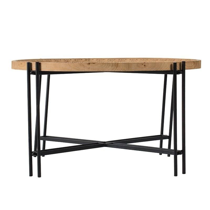 Kahverengi Köknar Ağacı Tablalı Demir Ayaklı Yuvarlak Orta Sehpa - 81x46 cm - 241471