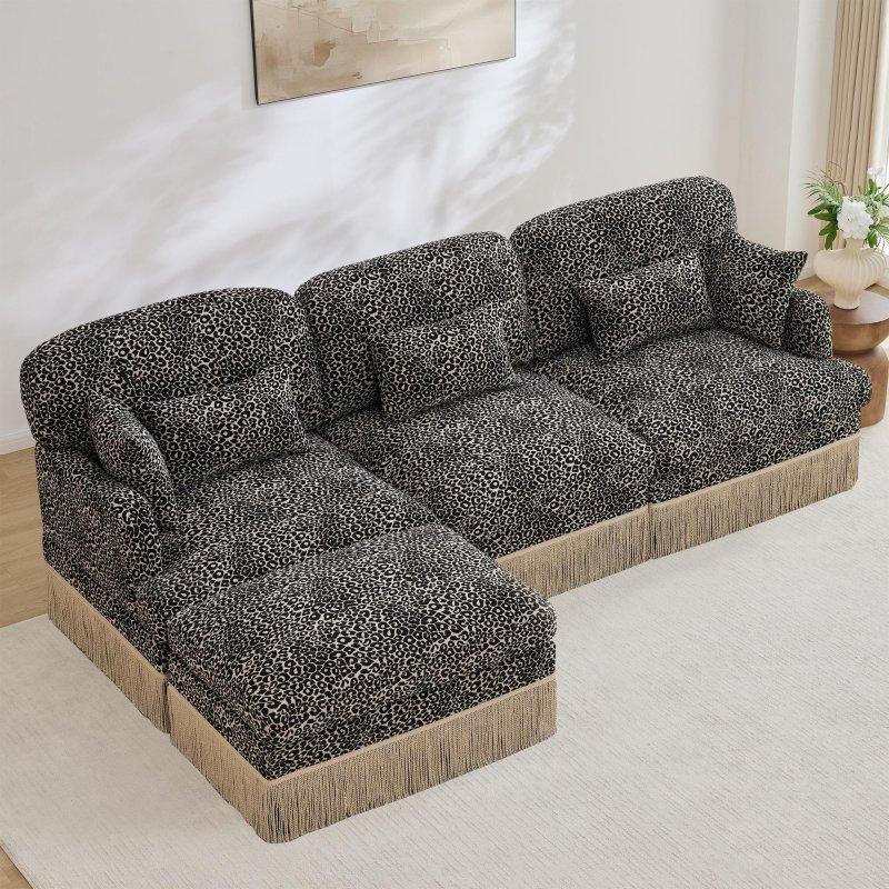 Kahverengi Leopar Desenli Püsküllü Şönil Kumaş Modüler L Bohem Koltuk - 255x84x88 cm - 289120