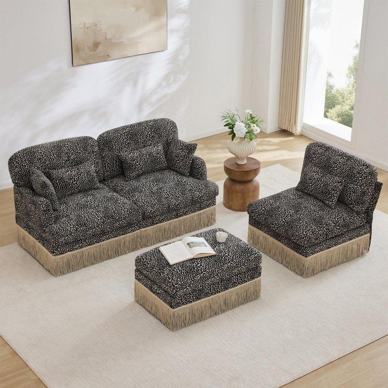 Kahverengi Leopar Desenli Püsküllü Şönil Kumaş Modüler L Bohem Koltuk - 255x84x88 cm - 289120