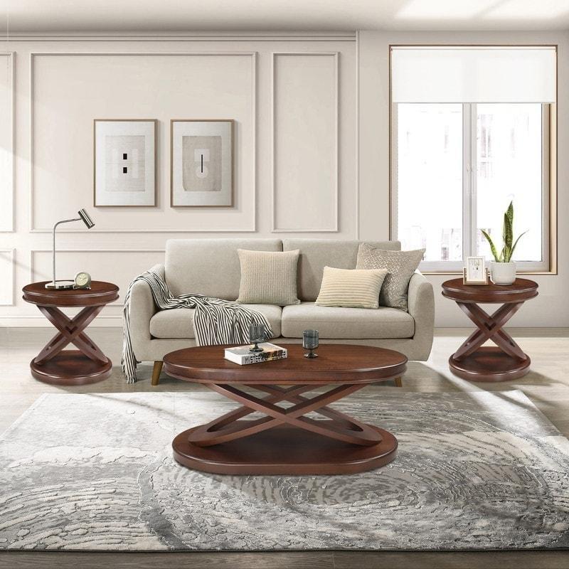Kahverengi Masif Ahşap 3lü Set X Ayaklı Yuvarlak Orta Sehpa - 242839