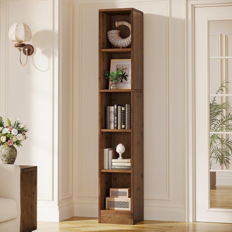 Kahverengi Masif Ahşap 5 Raflı Dar Tasarım Kitaplık - 181 cm - 316555