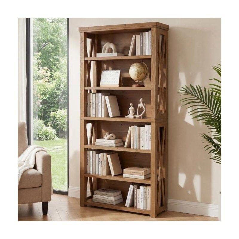 Kahverengi Masif Ahşap 7 Raflı Rustik X-Çerçeve Tasarımlı Kitaplık - 90x30x183 cm - 318881