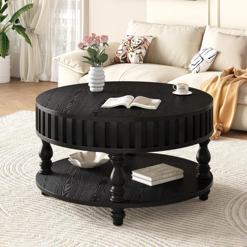 Kahverengi Masif Ahşap Ayaklı Yivli Açılır Kapaklı Yuvarlak Orta Sehpa - Çap 80 cm - 243050
