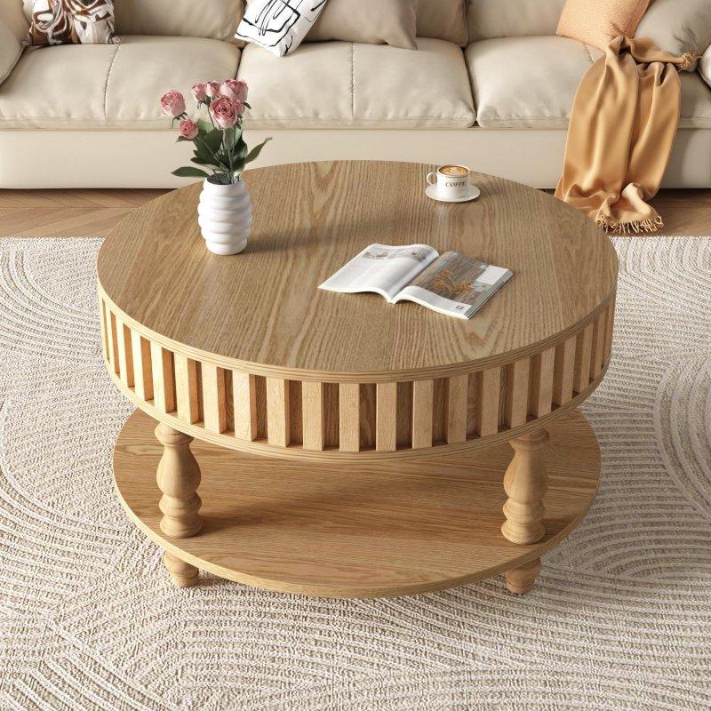 Kahverengi Masif Ahşap Ayaklı Yivli Açılır Kapaklı Yuvarlak Orta Sehpa - Çap 80 cm - 243050