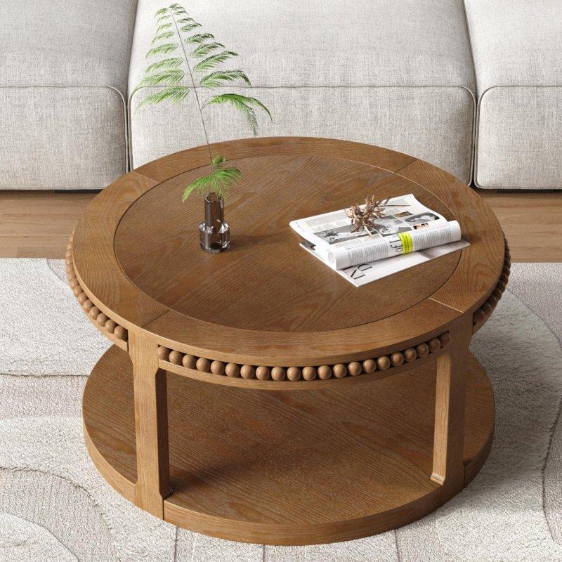 Kahverengi Masif Ahşap Bacaklı İki Katlı Depolamalı Yuvarlak Orta Sehpa - 81x46 cm - 240394