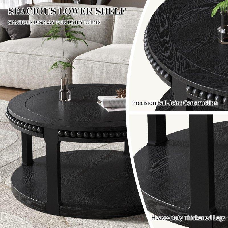 Kahverengi Masif Ahşap İki Katlı Depolama Alanlı Yuvarlak Orta Sehpa - 81 cm - 240542