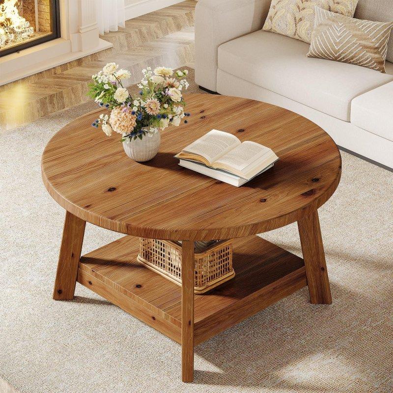 Kahverengi Masif Ahşap İki Katlı Yuvarlak Orta Sehpa - 81x45 cm - 241519