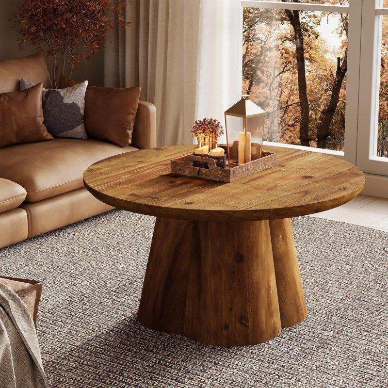 Kahverengi Masif Ahşap Kemerli Ayaklı Yuvarlak Orta Sehpa - 81x49 cm - 240793