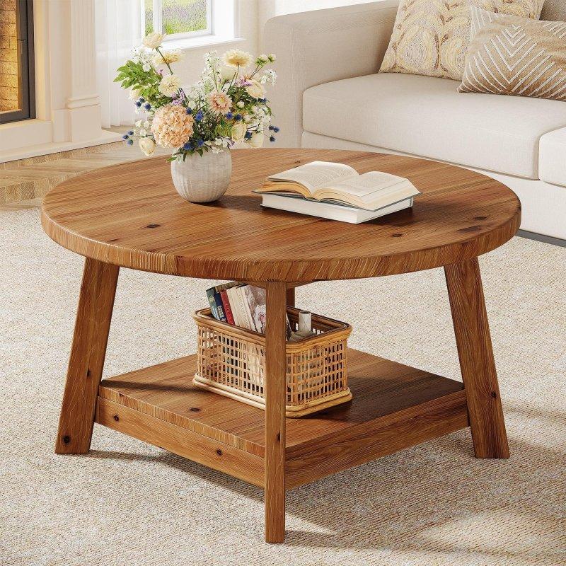 Kahverengi Masif Ahşap Kır Evi Tasarım Yuvarlak Orta Sehpa - 81 cm - 242557