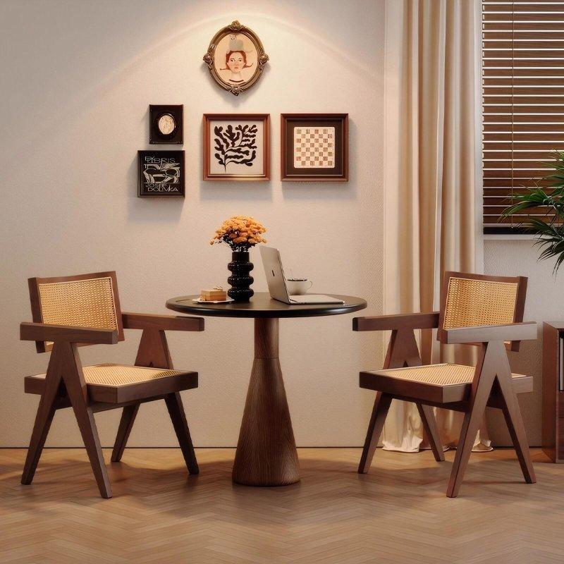 Kahverengi Masif Ahşap Kolçaklı 2li Set Rattan Sandalye - 54x83x51 cm - 252277