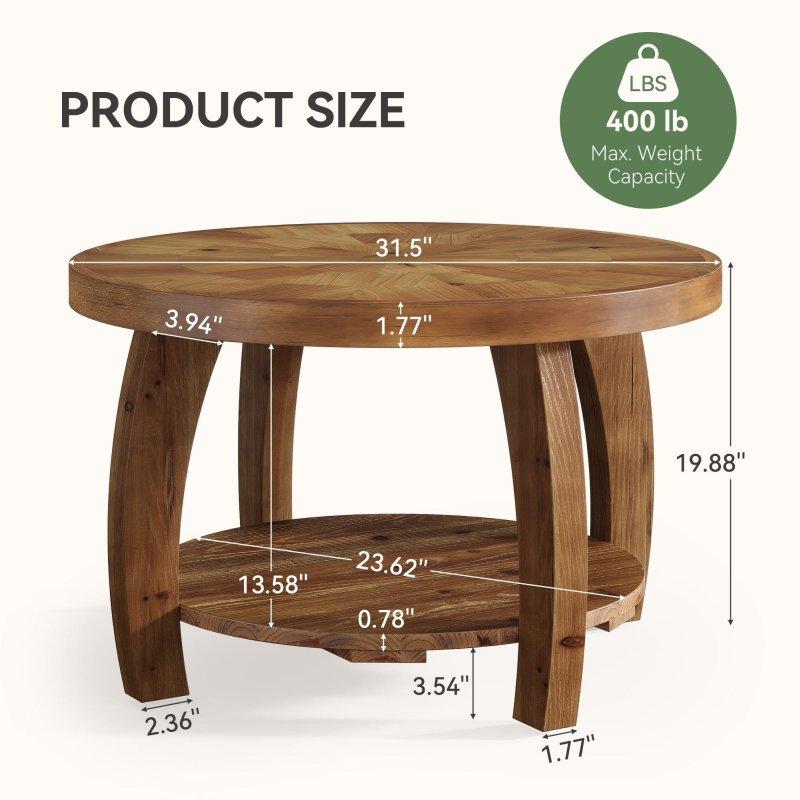 Kahverengi Masif Ahşap Mozaik Desenli İki Katlı Yuvarlak Orta Sehpa - 81x51 cm - 240808