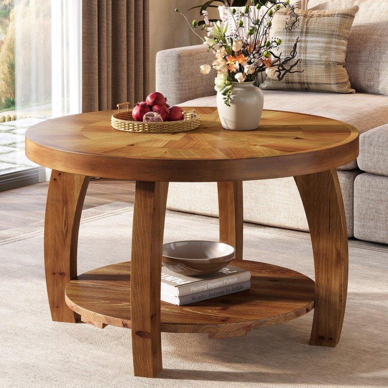 Kahverengi Masif Ahşap Mozaik Desenli İki Katlı Yuvarlak Orta Sehpa - 81x51 cm - 240808