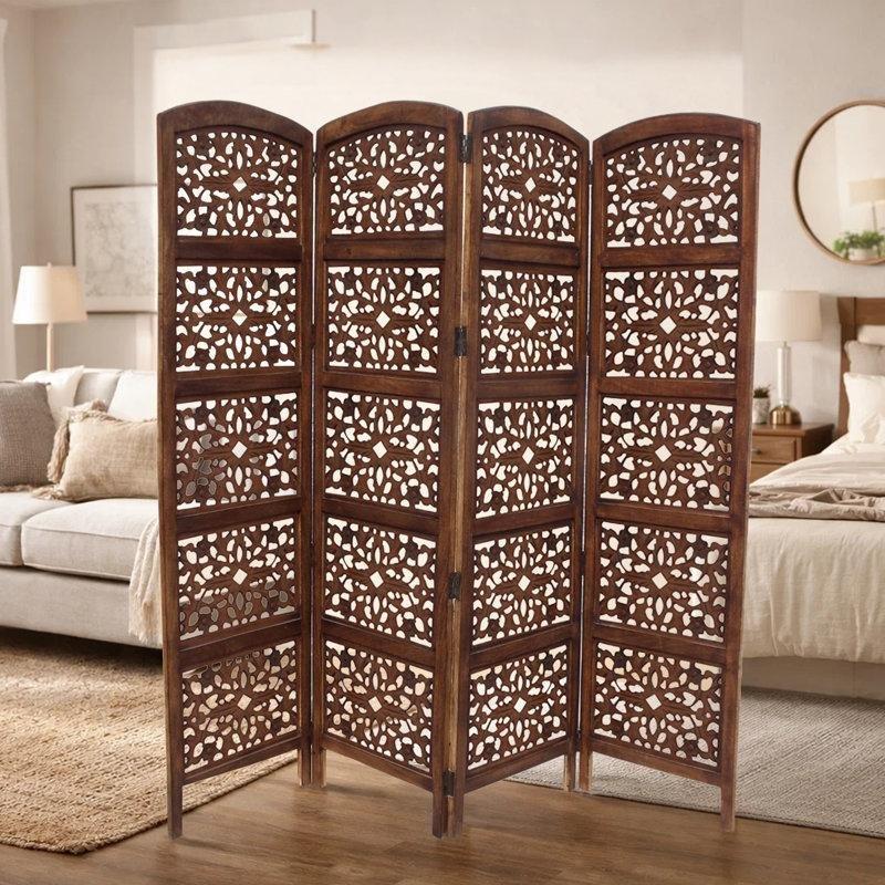 Kahverengi Masif Ahşap Oymalı Katlanır Paravan - 204x181 cm - 321768