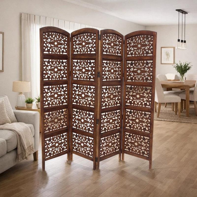 Kahverengi Masif Ahşap Oymalı Katlanır Paravan - 204x181 cm - 321768