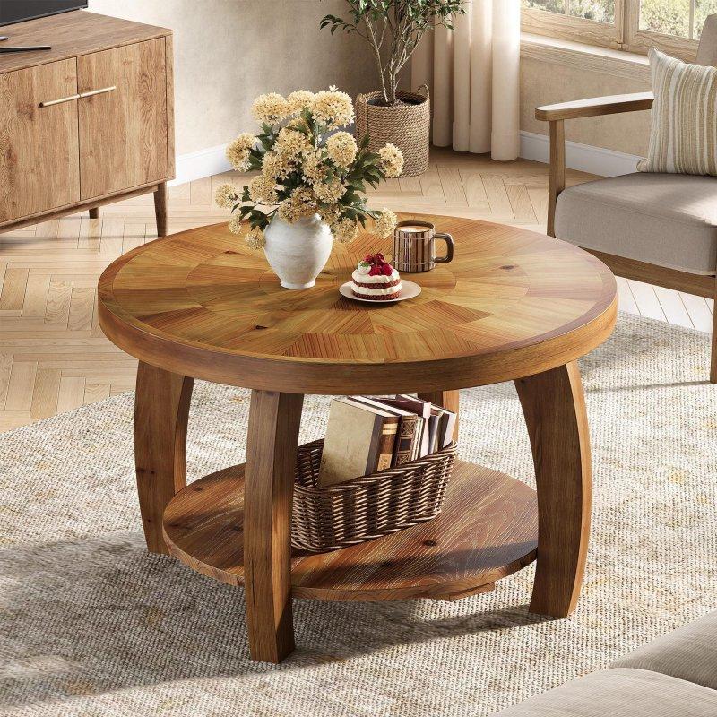 Kahverengi Masif Ahşap Raflı Mozaik Desenli Yuvarlak Orta Sehpa - 81 cm - 243394