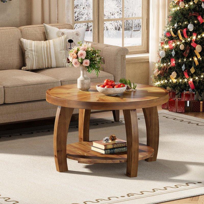 Kahverengi Masif Ahşap Raflı Mozaik Desenli Yuvarlak Orta Sehpa - 81 cm - 243394