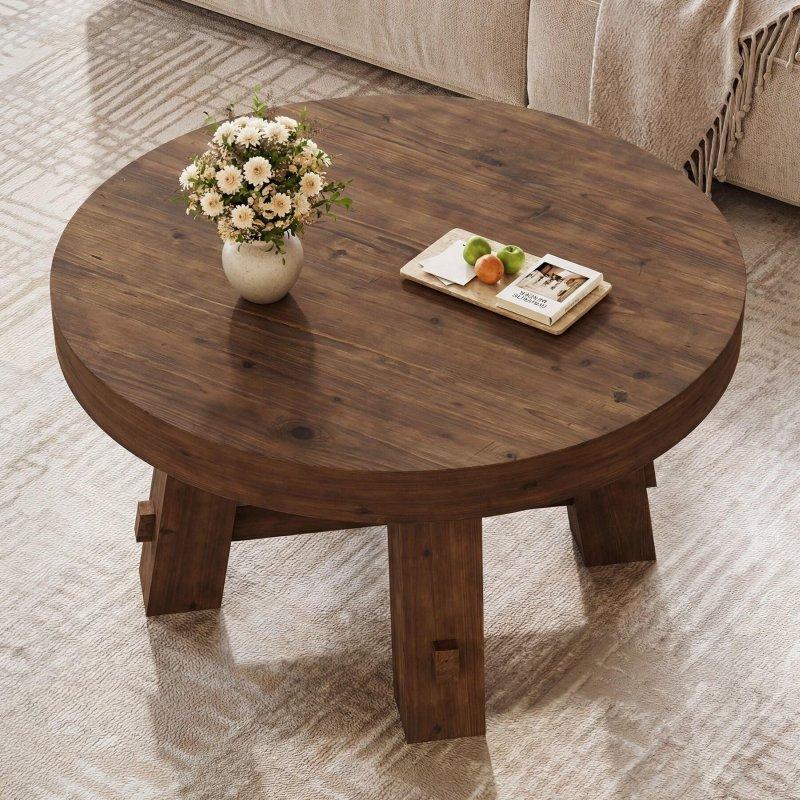 Kahverengi Masif Ahşap Raflı Yuvarlak Orta Sehpa - 80x51 cm - 242916