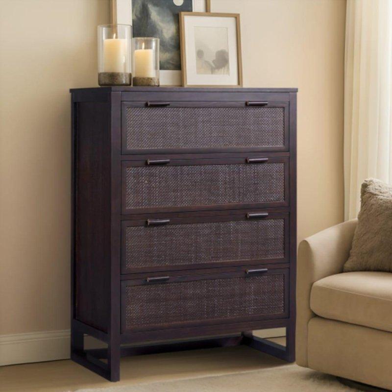 Kahverengi Masif Ahşap Rattan Detaylı 4 Çekmeceli Suni Deri Kulplu Şifonyer - 77x46x107 cm - 306322