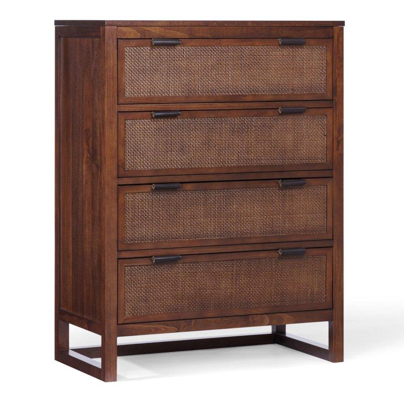 Kahverengi Masif Ahşap Rattan Detaylı 4 Çekmeceli Suni Deri Kulplu Şifonyer - 77x46x107 cm - 306322