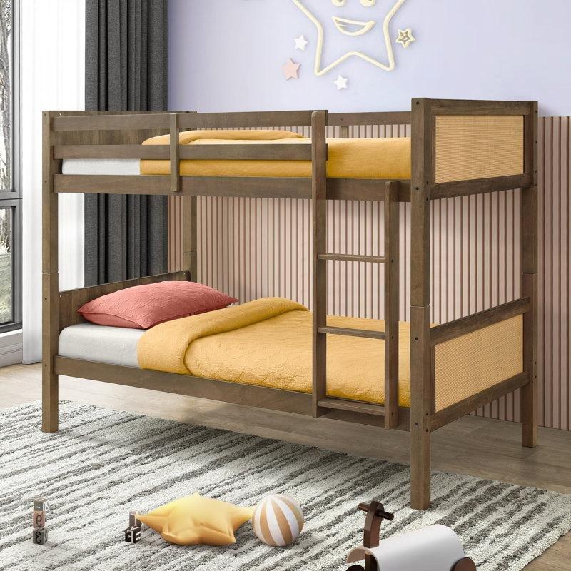 Kahverengi Masif Ahşap Rattan Panelli Ayrılabilen Ranza - 107x201 cm - 248712