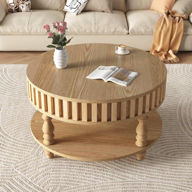 Kahverengi Masif Ahşap Saklama Alanlı Açılır Kapaklı Yuvarlak Orta Sehpa - 80x54 cm - 243265