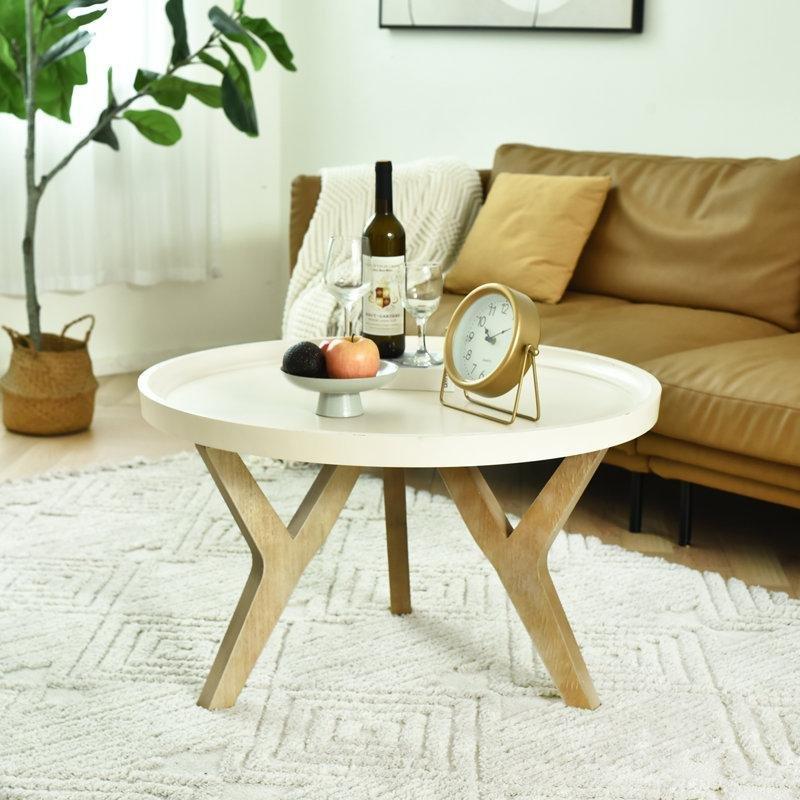 Kahverengi Masif Ahşap Tepsili Üç Ayaklı Yuvarlak Orta Sehpa - 82 cm - 244266