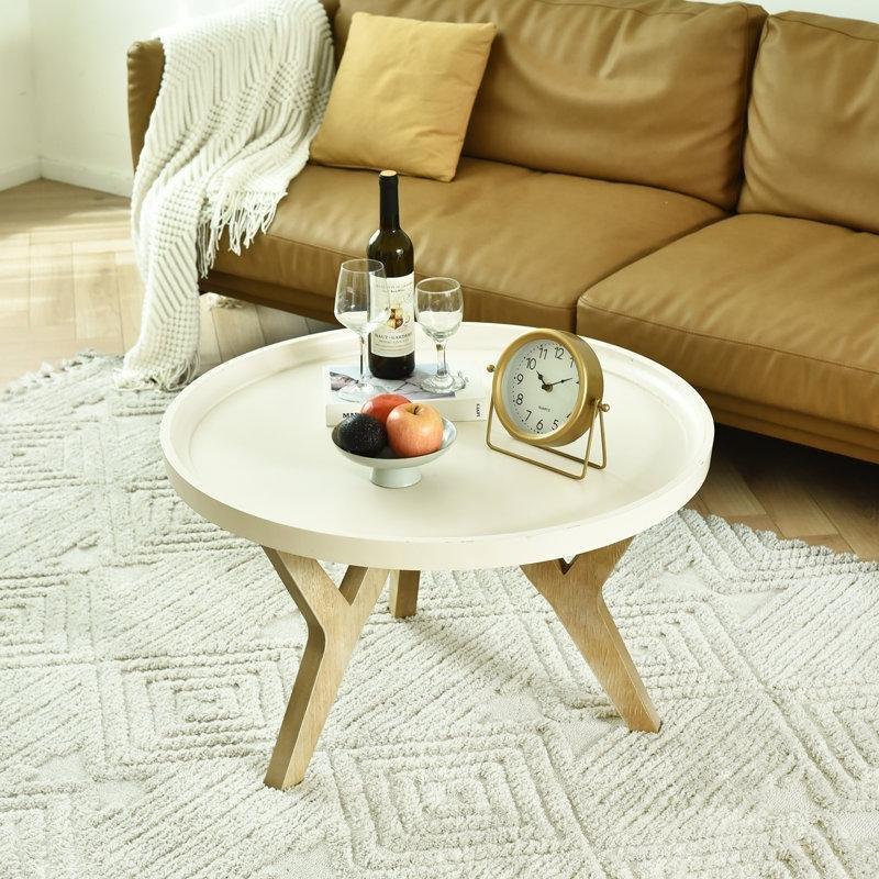 Kahverengi Masif Ahşap Tepsili Üç Ayaklı Yuvarlak Orta Sehpa - 82 cm - 244266