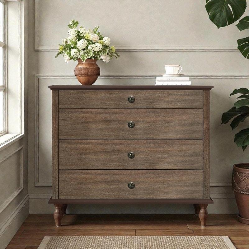 Kahverengi Masif Ahşap ve MDF 4 Çekmeceli Antik Tasarım Şifonyer - 102x92x45 cm - 302141