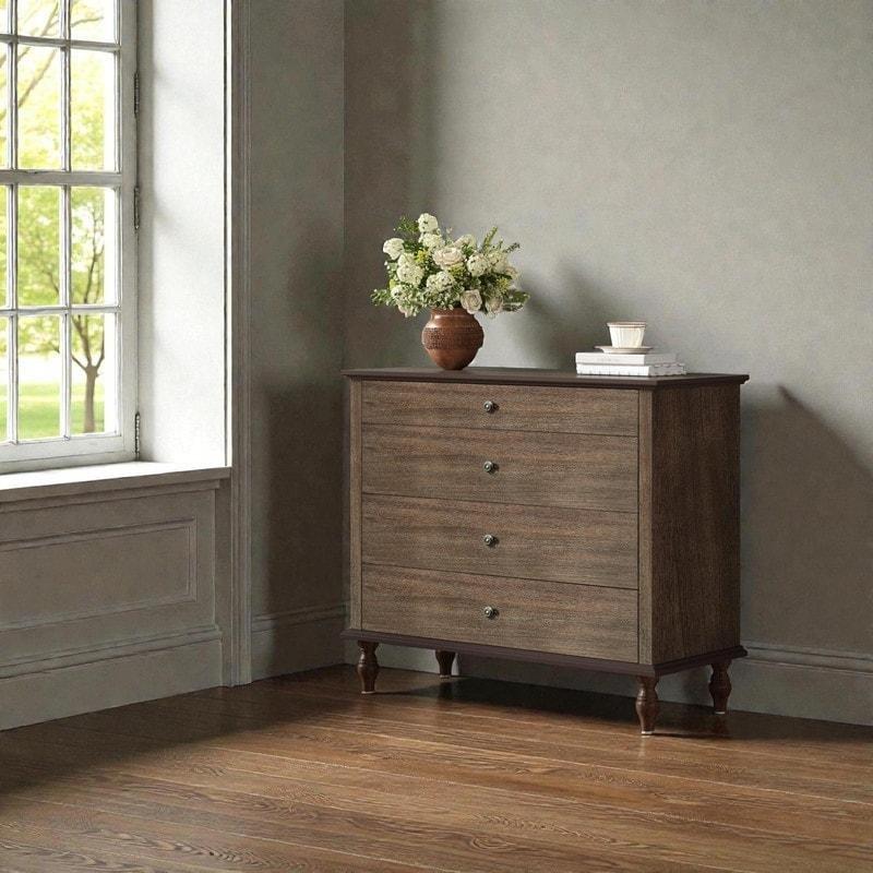 Kahverengi Masif Ahşap ve MDF 4 Çekmeceli Antik Tasarım Şifonyer - 102x92x45 cm - 302141