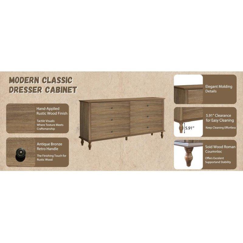 Kahverengi Masif Ahşap ve MDF 6 Çekmeceli Roma Sütunu Ayaklı Kendiliğinden Kapanan Raylı Şifonyer - 160x40x85 cm - 298551