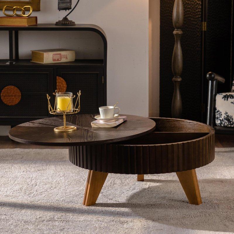 Kahverengi Masif Ahşap ve MDF Depolama Alanlı Retro Yuvarlak Orta Sehpa - 81x40 cm - 240368