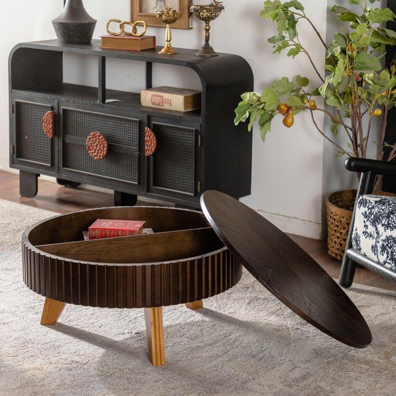 Kahverengi Masif Ahşap ve MDF Depolama Alanlı Retro Yuvarlak Orta Sehpa - 81x40 cm - 240368