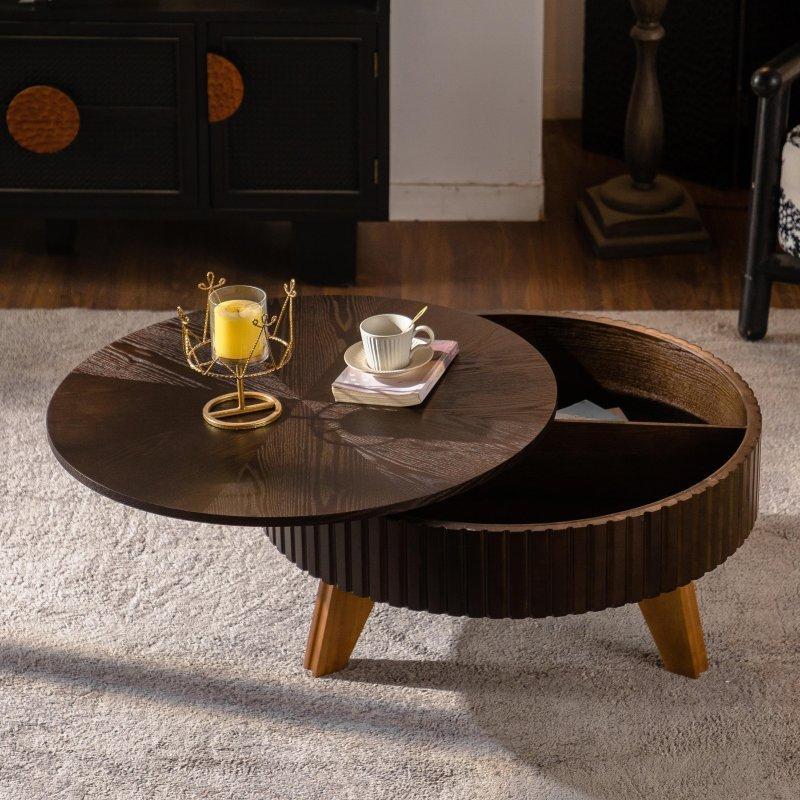 Kahverengi Masif Ahşap ve MDF Depolama Alanlı Retro Yuvarlak Orta Sehpa - 81x40 cm - 240368