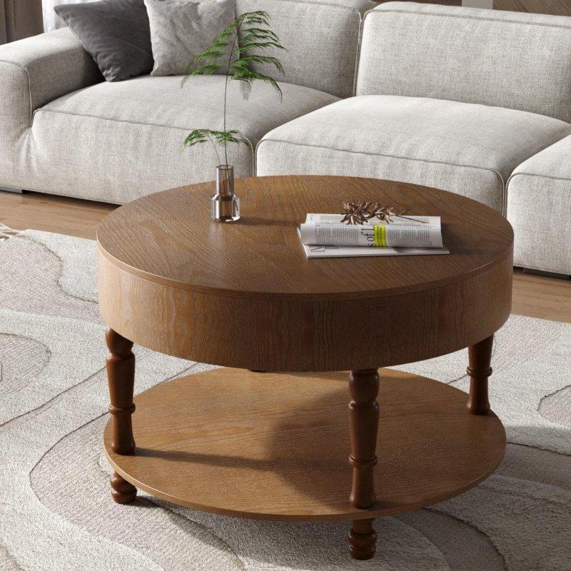 Kahverengi Masif Ahşap ve MDF Gizli Bölmeli Yuvarlak Orta Sehpa - 81x54 cm - 241039