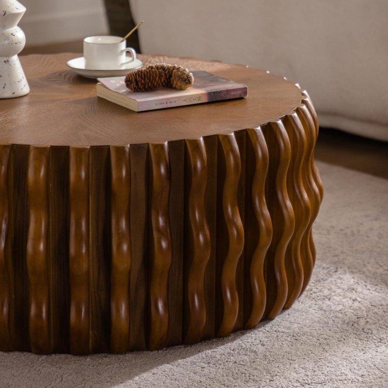 Kahverengi Masif Ahşap ve MDF Yivli Tambur Tasarım Yuvarlak Orta Sehpa - 81x33 cm - 240153