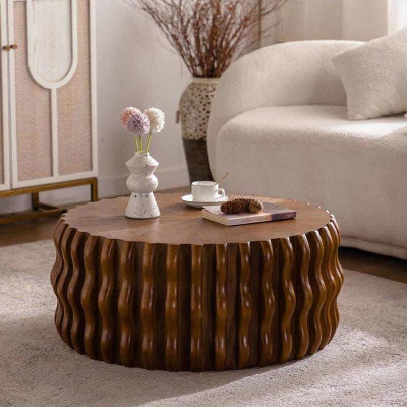 Kahverengi Masif Ahşap ve MDF Yivli Tambur Tasarım Yuvarlak Orta Sehpa - 81x33 cm - 240153