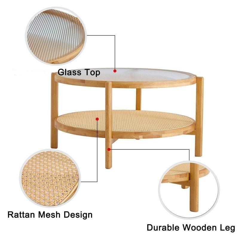 Kahverengi Masif Ahşap ve Rattan Çift Katlı Cam Yuvarlak Orta Sehpa - 88x45 cm - 242453