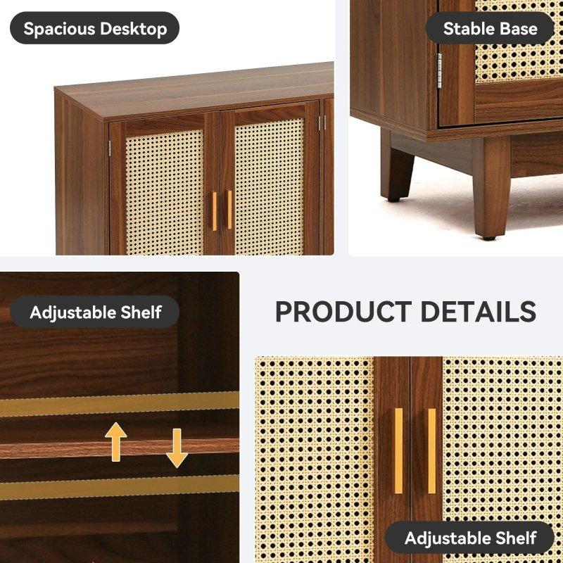 Kahverengi Masif Ahşap ve Rattan Detaylı 4 Kapaklı MDF Bohem Konsol - 148x40x77 cm - 325165