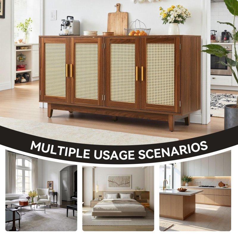 Kahverengi Masif Ahşap ve Rattan Detaylı 4 Kapaklı MDF Bohem Konsol - 148x40x77 cm - 325165