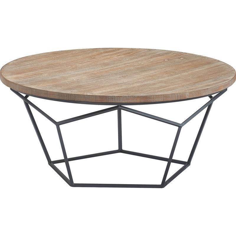 Kahverengi Masif Ahşap ve Siyah Metal Geometrik Eskitme Dokulu Yuvarlak Orta Sehpa - 81 cm - 244556