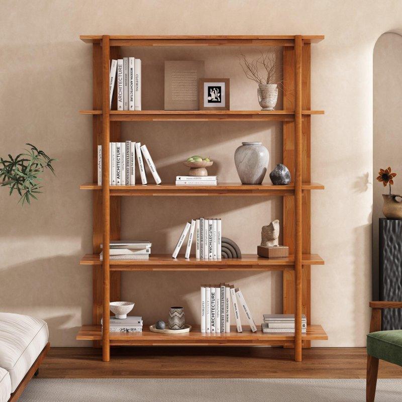 Kahverengi Masif Akasya Ağacı 4 Raflı Arkası Açık Kitaplık - 179 cm - 313633