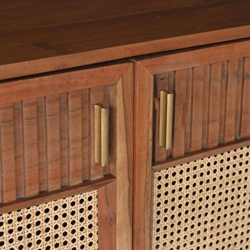 Kahverengi Masif Akasya Ağacı Rattan Örgü Kapaklı Pirinç Detaylı Bohem Konsol - 97x46x87 cm - 325591