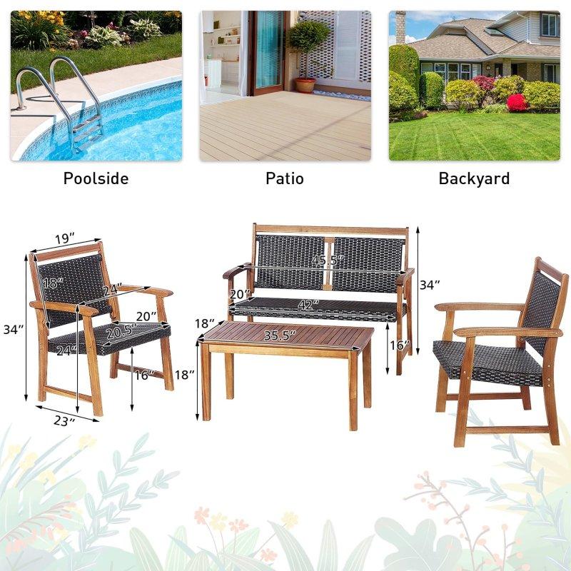 Kahverengi Masif Akasya Ahşap ve Rattan 4 Parça Bahçe Takımı - 273982