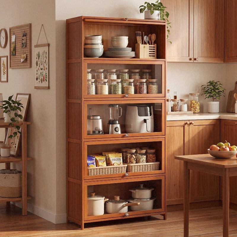 Kahverengi Masif Bambu 5 Raflı Cam Kapaklı Kitaplık - 173x81x32 cm - 238757