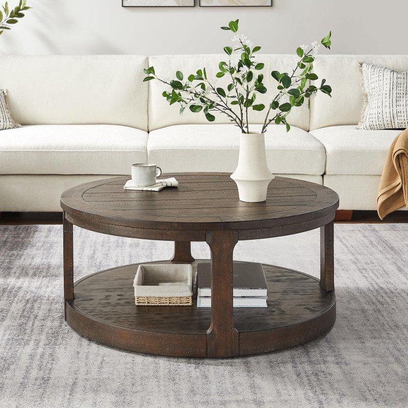 Kahverengi Masif Çam Ağacı ve MDF Tekerlekli İki Katlı Yuvarlak Orta Sehpa - 102 cm - 242780