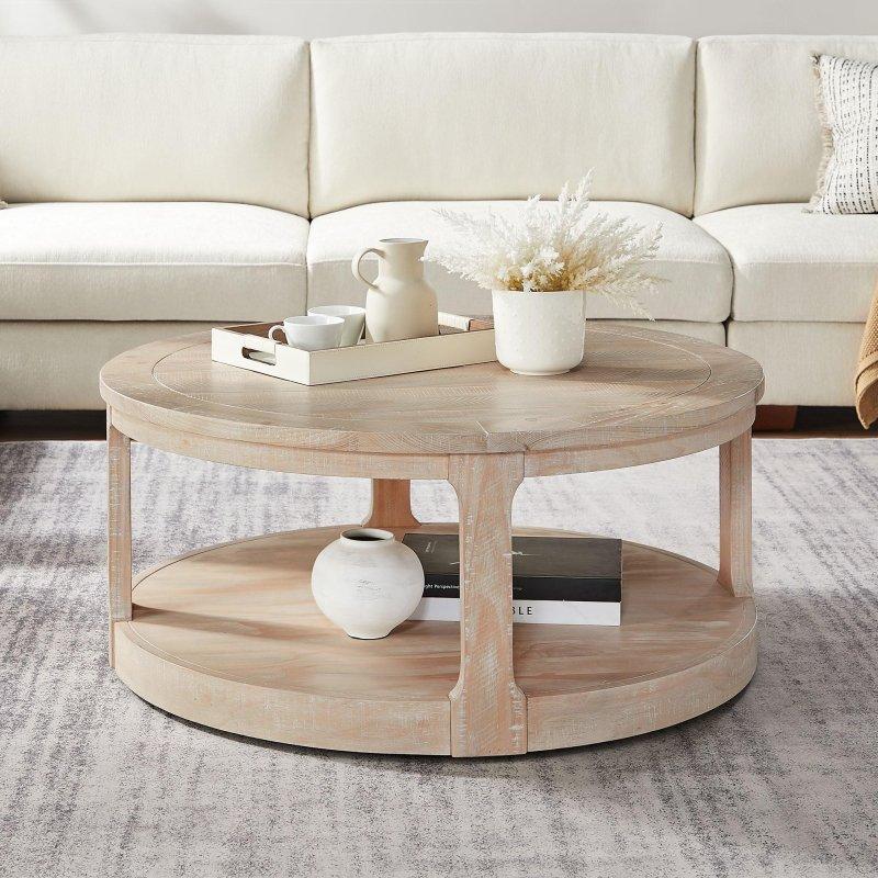 Kahverengi Masif Çam Ağacı ve MDF Tekerlekli İki Katlı Yuvarlak Orta Sehpa - 102 cm - 242780